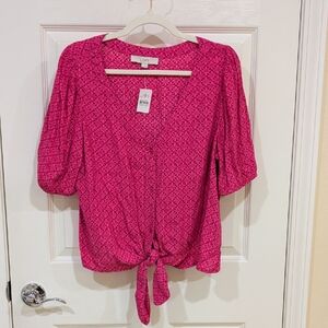 LOFT Fuchsia Tie-Front Blouse